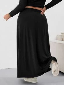 SHEIN CURVE+ Plus Size Casual Versatile Black Loose A-Line Skirt/Autumn /Winter - Black - View 2