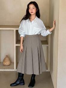 Dazy Kids Rok Panjang Lipit Pinggang Elastis Motif Kotak-kotak untuk Anak Perempuan Remaja, Gaya Preppy - Khaki - View 6