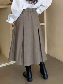 Dazy Kids Rok Panjang Lipit Pinggang Elastis Motif Kotak-kotak untuk Anak Perempuan Remaja, Gaya Preppy - Khaki - View 2