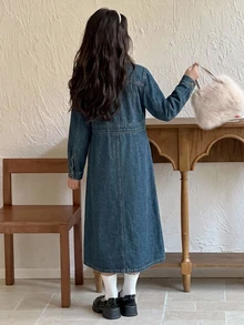 DAZY Tween Girl Single-Breasted Casual Daily Summer Denim Dress - Dark Wash - View 4