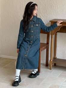 DAZY Tween Girl Single-Breasted Casual Daily Summer Denim Dress - Dark Wash - View 6
