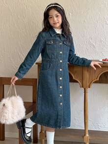 DAZY Tween Girl Single-Breasted Casual Daily Summer Denim Dress - Dark Wash - View 3