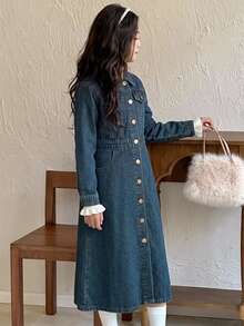 DAZY Tween Girl Single-Breasted Casual Daily Summer Denim Dress - Dark Wash - View 5