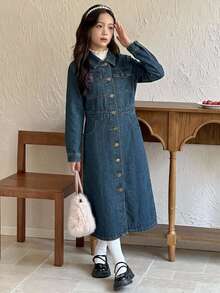 DAZY Tween Girl Single-Breasted Casual Daily Summer Denim Dress - Dark Wash - View 1