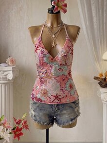SHEIN Unity 女款綠色亮片刺繡細肩帶綁帶露背上衣，時尚性感度假風夏季上衣 - 粉色 - 查看 9