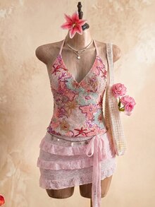 SHEIN Unity 女款綠色亮片刺繡細肩帶綁帶露背上衣，時尚性感度假風夏季上衣 - 粉色 - 查看 8