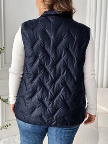 SHEIN LUNE Plus Size Solid Color Front Zip Sleeveless Pocket Casual Padded Coat, Daily Wear, For Winter Fall Autumn - Navy Blue - View 2