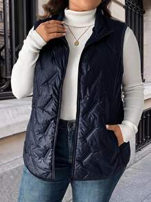 SHEIN LUNE Plus Size Solid Color Front Zip Sleeveless Pocket Casual Padded Coat, Daily Wear, For Winter Fall Autumn - Navy Blue - View 1