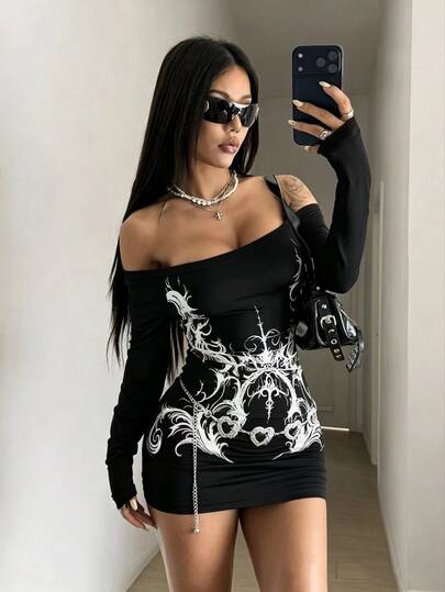 StreetHx Women's Black And White Cold Shoulder Vintage Goth Sexy Floral Print Fitted Bodycon Dress, Suitable For Spring And Autumn Halloween Night Clubbing