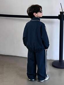 Kids Young Boys Loose Casual Sports Jacket And Pants 2 Pieces Set, Comfortable And Simple, Suitable For Autumn/Winter, Jacket Outfit - Royal Blue - View 4