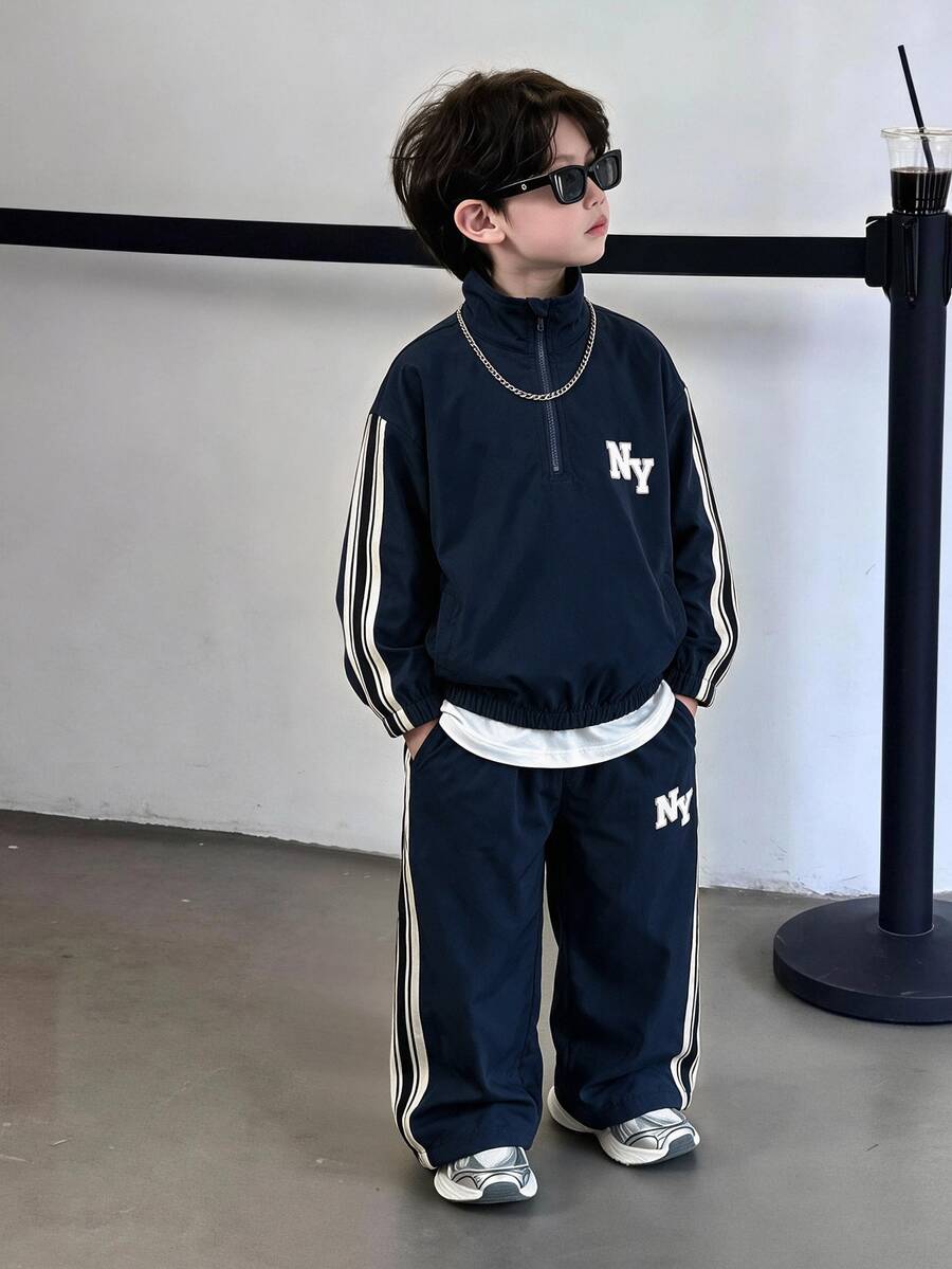 Kids Young Boys Loose Casual Sports Jacket And Pants 2 Pieces Set, Comfortable And Simple, Suitable For Autumn/Winter, Jacket Outfit - Royal Blue - View 1