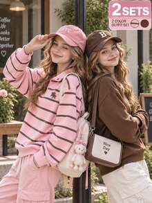 SHEIN Teen Girls Preppy Streetwear Casual Pink Brown Half Zip Sweatshirt Horse Embroidery Drop Shoulder Long Sleeve Pullover Top Graduation Ball Autumn - Multicolor - View 3