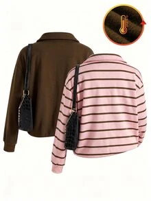 SHEIN Teen Girls Preppy Streetwear Casual Pink Brown Half Zip Sweatshirt Horse Embroidery Drop Shoulder Long Sleeve Pullover Top Graduation Ball Autumn - Multicolor - View 2