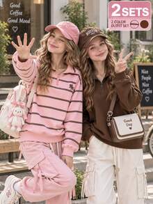 SHEIN Teen Girls Preppy Streetwear Casual Pink Brown Half Zip Sweatshirt Horse Embroidery Drop Shoulder Long Sleeve Pullover Top Graduation Ball Autumn - Multicolor - View 4