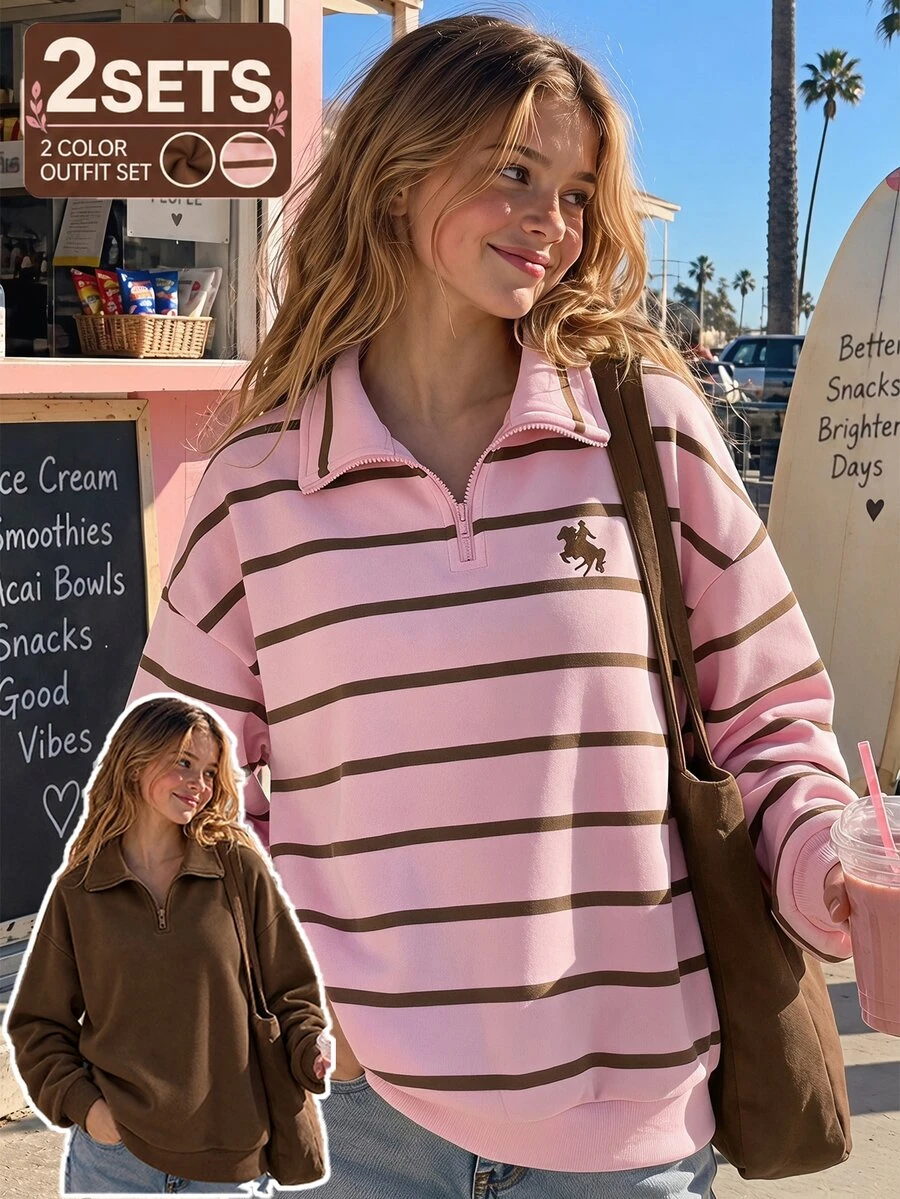 SHEIN Teen Girls Preppy Streetwear Casual Pink Brown Half Zip Sweatshirt Horse Embroidery Drop Shoulder Long Sleeve Pullover Top Graduation Ball Autumn - Multicolor - View 1
