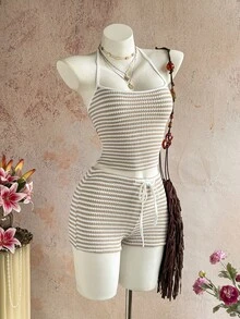 Sunnyshic Women's Autumn/Winter Casual Striped Knit Set Halter Top Low Waist Shorts Slim Fit Elegant Beach Outfit Tank Top Shorts - Multicolor - View 7
