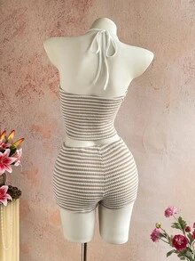 Sunnyshic Women's Autumn/Winter Casual Striped Knit Set Halter Top Low Waist Shorts Slim Fit Elegant Beach Outfit Tank Top Shorts - Multicolor - View 4