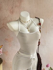 Sunnyshic Women's Autumn/Winter Casual Striped Knit Set Halter Top Low Waist Shorts Slim Fit Elegant Beach Outfit Tank Top Shorts - Multicolor - View 6