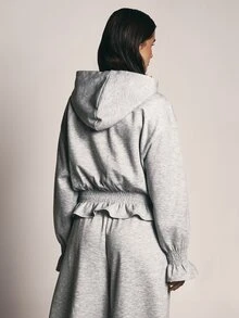 KSTM Oversized Sweatshirt With Smocked Ruffle Hem Balloon Sleeves And Shirred Cuffs Cozy Pullover Top - Grey - View 2