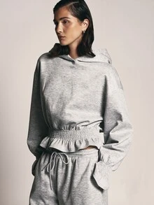 KSTM Oversized Sweatshirt With Smocked Ruffle Hem Balloon Sleeves And Shirred Cuffs Cozy Pullover Top - Grey - View 1