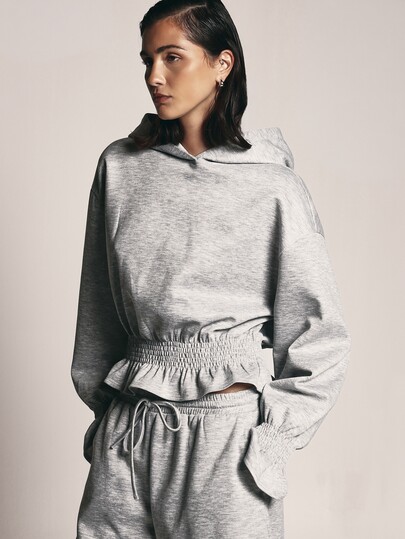 KSTM Oversized Sweatshirt With Smocked Ruffle Hem Balloon Sleeves And Shirred Cuffs Cozy Pullover Top