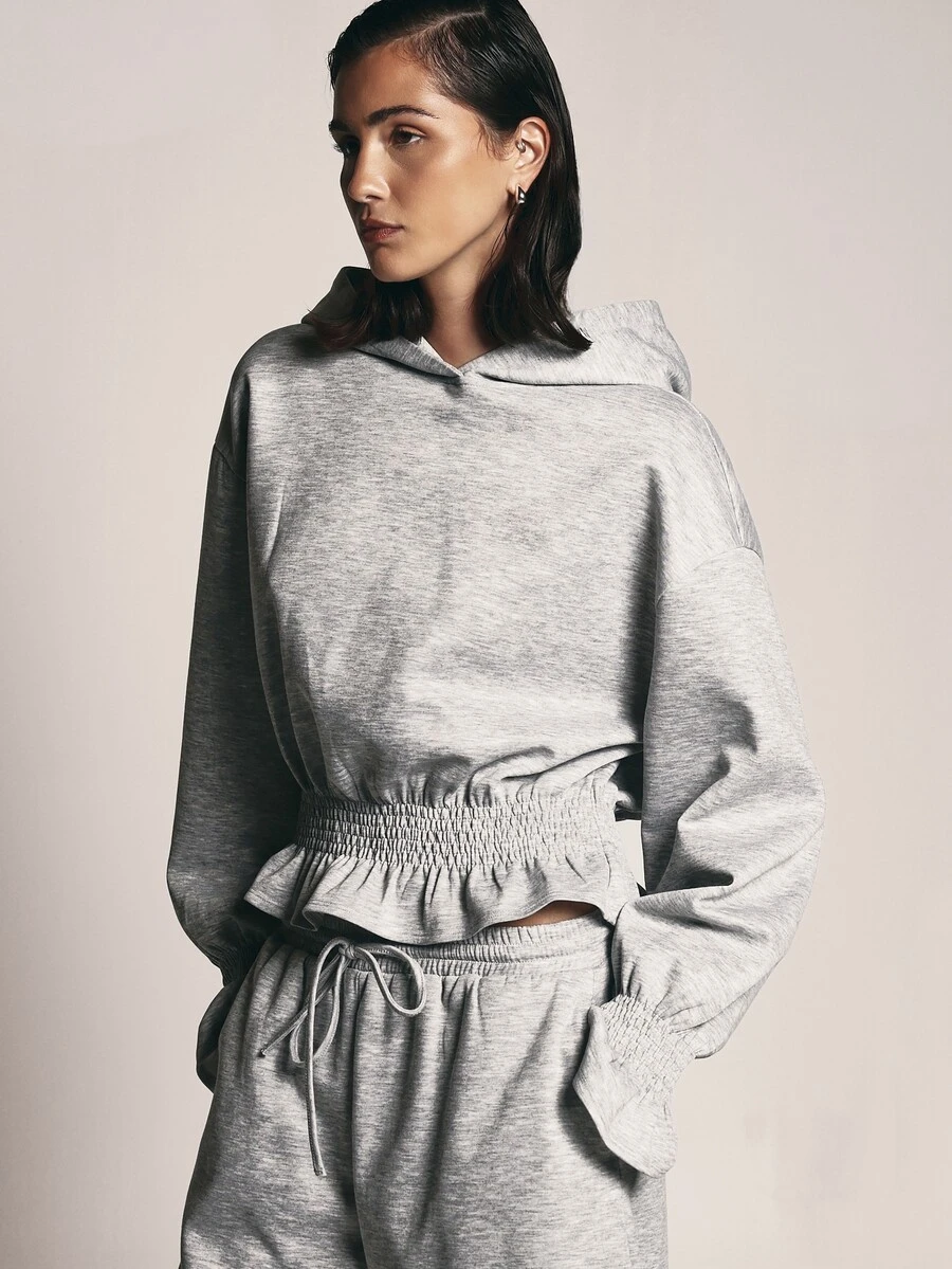 KSTM Oversized Sweatshirt With Smocked Ruffle Hem Balloon Sleeves And Shirred Cuffs Cozy Pullover Top - Grey - View 1