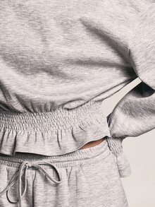 KSTM Oversized Sweatshirt With Smocked Ruffle Hem Balloon Sleeves And Shirred Cuffs Cozy Pullover Top - Grey - View 5