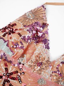 SHEIN Unity 女款綠色亮片刺繡細肩帶露背吊帶背心上衣，時尚性感度假上衣，亮片刺繡上衣 - 橘色 - 查看 3