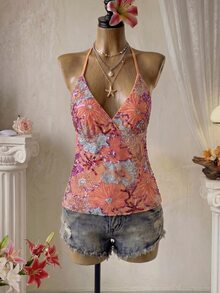 SHEIN Unity 女款綠色亮片刺繡細肩帶露背吊帶背心上衣，時尚性感度假上衣，亮片刺繡上衣 - 橘色 - 查看 9
