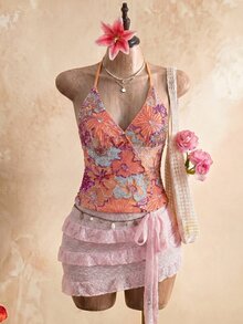 SHEIN Unity 女款綠色亮片刺繡細肩帶露背吊帶背心上衣，時尚性感度假上衣，亮片刺繡上衣 - 橘色 - 查看 8