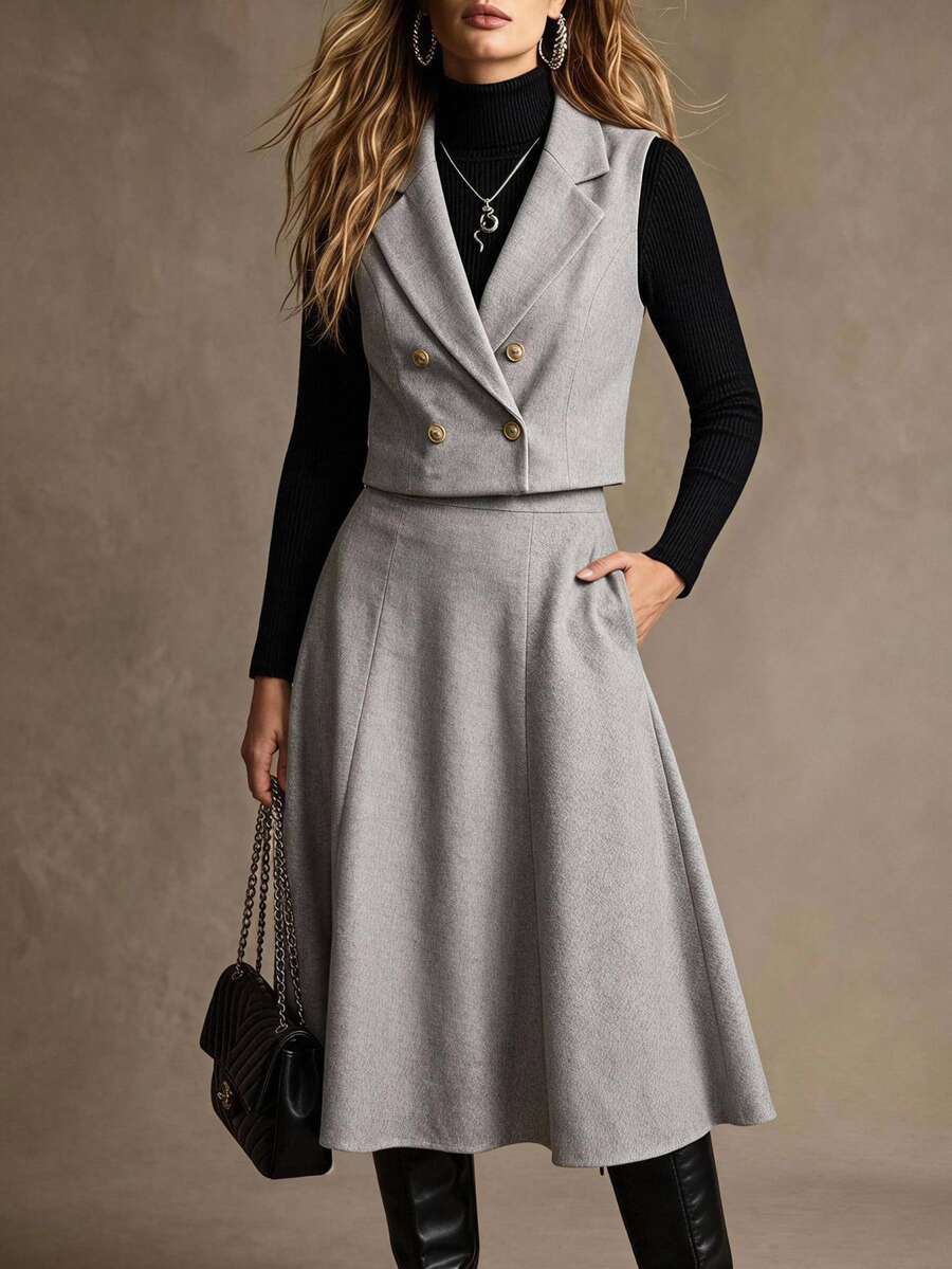 Linhara CURVE Plus Size Women's Woven Elegant Wool Blend Vest & Skirt 2 ...