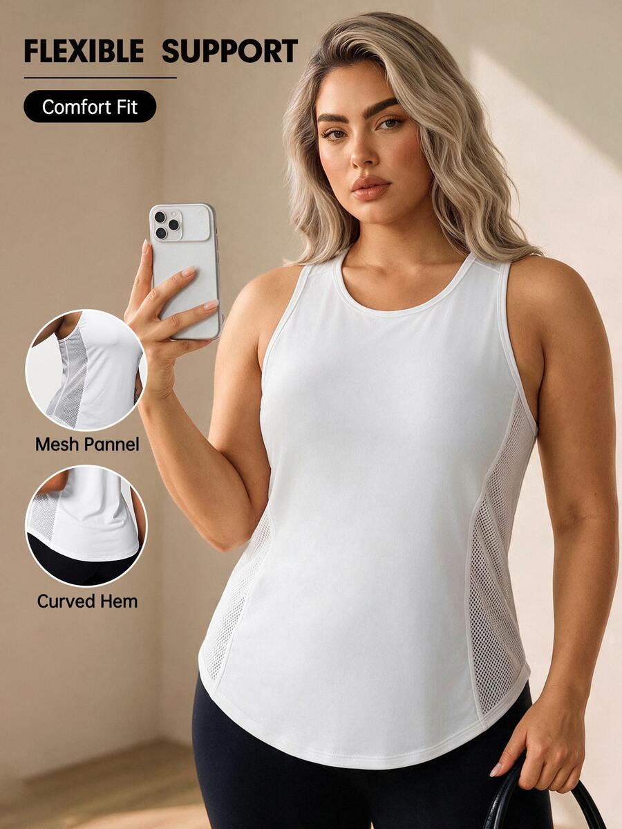 SHEIN Rhythm Era Women's Plus Size Sleeveless Tank Top Racerback Yoga Workout Running Fitness Gym Daily Wear - White - View 1