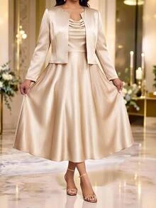Fleurora Plus Size Women's Solid Color Cowl Neck Dress And Cardigan Casual 2 Pieces Set - Multicolor - View 3