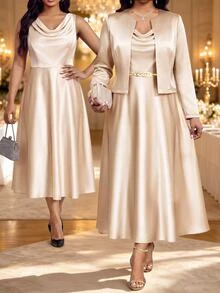 Fleurora Plus Size Women's Solid Color Cowl Neck Dress And Cardigan Casual 2 Pieces Set - Multicolor - View 1