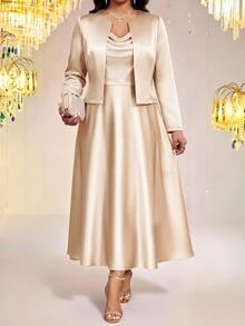 Fleurora Plus Size Women's Solid Color Cowl Neck Dress And Cardigan Casual 2 Pieces Set - Multicolor - View 4