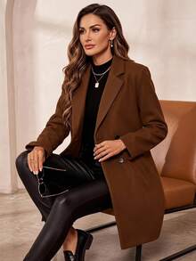 SHEIN Clasi Women's Double-Breasted Woolen Coat In Fall/Winter - Coffee Brown - View 2