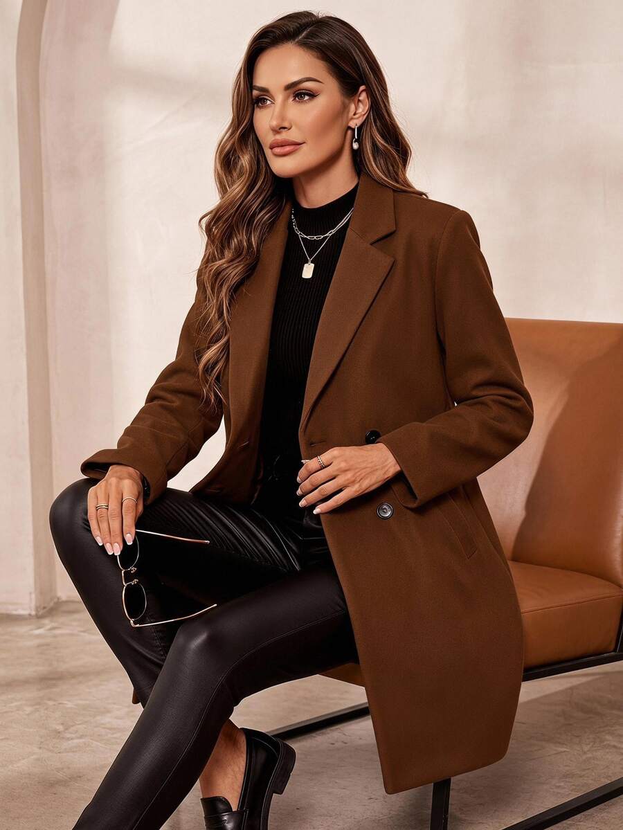 SHEIN Clasi Women's Double-Breasted Woolen Coat In Fall/Winter