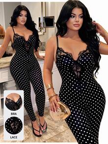 SHEIN SXY Polka Dot Print Contrast Lace Sexy Tight Jumpsuit,Chic,Club Party,Night Out,Going Out Black And White Polka Dot Summer - Black and White - View 2