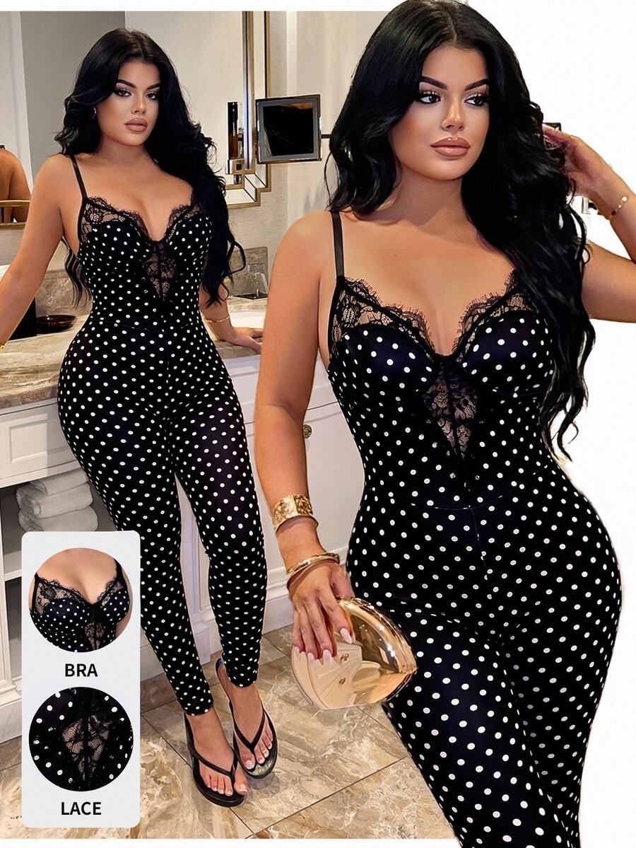 SHEIN SXY Polka Dot Print Contrast Lace Sexy Tight Jumpsuit,Chic,Club Party,Night Out,Going Out Black And White Polka Dot Summer