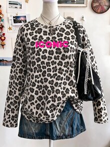 SHEIN LUNE 女款圓領長袖修身上衣，豹紋 ICONIC City 字母背印休閒街頭風日常套頭襯衫 - 彩色 - 查看 6