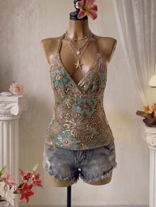 SHEIN Unity 女款綠色亮片刺繡細肩帶露背背心，時尚性感度假上衣，亮片刺繡上衣 - 棕色 - 查看 7