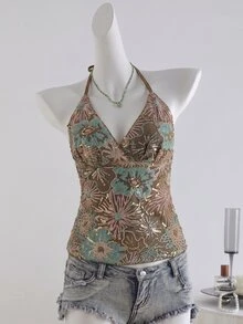 SHEIN Unity 女款綠色亮片刺繡細肩帶露背背心，時尚性感度假上衣，亮片刺繡上衣 - 棕色 - 查看 5