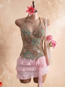 SHEIN Unity 女款綠色亮片刺繡細肩帶露背背心，時尚性感度假上衣，亮片刺繡上衣 - 棕色 - 查看 6