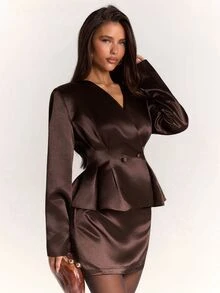 SHEIN BAE Women's Blazer And Skirt Set - Brown - View 8