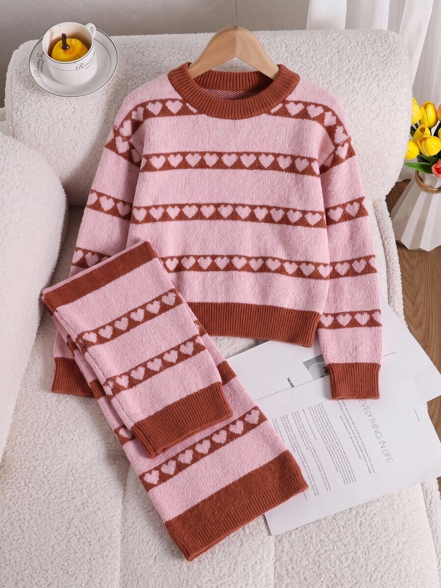 Tween Girls' Autumn/Winter Fashion Patterned Jacquard Knit Sweater Long Sleeve Pullover & Long Pants Set - Pink - View 1