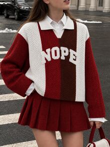 Fashionable Casual American Street Style Autumn/Winter New Colorblock Striped Polo Sweater Pullover For Girl - Multicolor - View 2