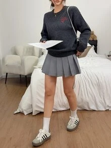 Autumn/Winter New American Flag Print Knit Sweater Long Sleeve Teen Girls College Style Loose Knit Top - Grey - View 3