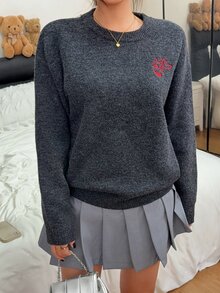 Autumn/Winter New American Flag Print Knit Sweater Long Sleeve Teen Girls College Style Loose Knit Top - Grey - View 5