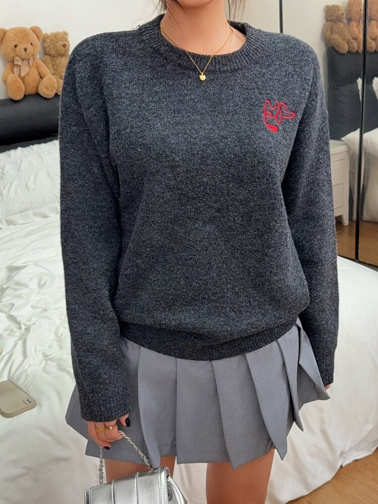 秋冬新款美式國旗印花針織毛衣 長袖青少年女孩大學風寬鬆針織上衣 - 灰色 - 查看 5
