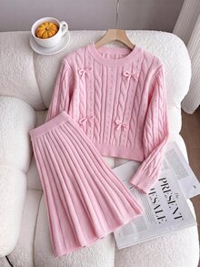 Tween Girl Winter Knit 2pcs Set, Cute 3D Bow Sweater & Pleated Skirt Outfit, Elegant Style - Baby Pink - View 16